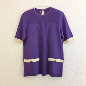 Vintage Retro Knitted Sweater Tee Shirt Top White Trim Faux Pockets Size M